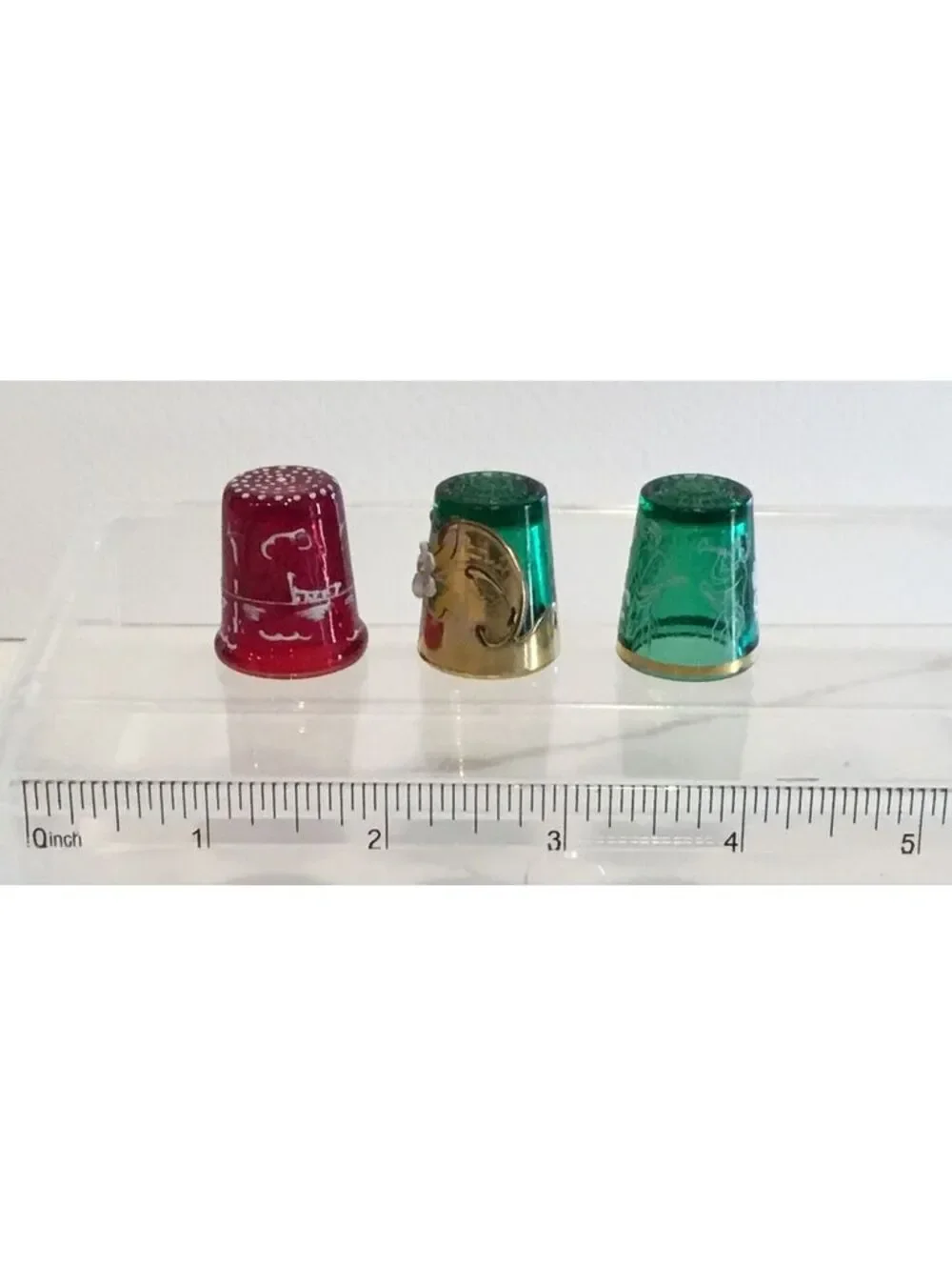 3 Vtg '50s European Glass Thimbles Hand-Painted with 3D Enamel & Gold accenting